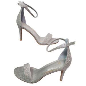 Women's Silver Glitter Ankle Strap High Stiletto Heel Sandals Size 8